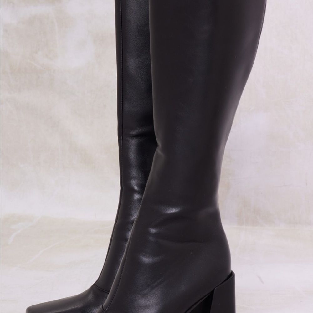 Black PU Square Toe Knee High Boots - Picture 5 of 8